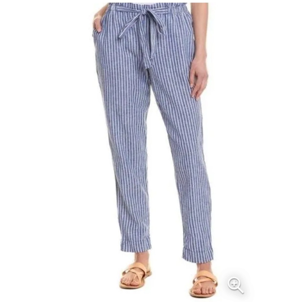 beachlunchlounge Blue and White Striped Linen-Blend Tie-Waist Pants